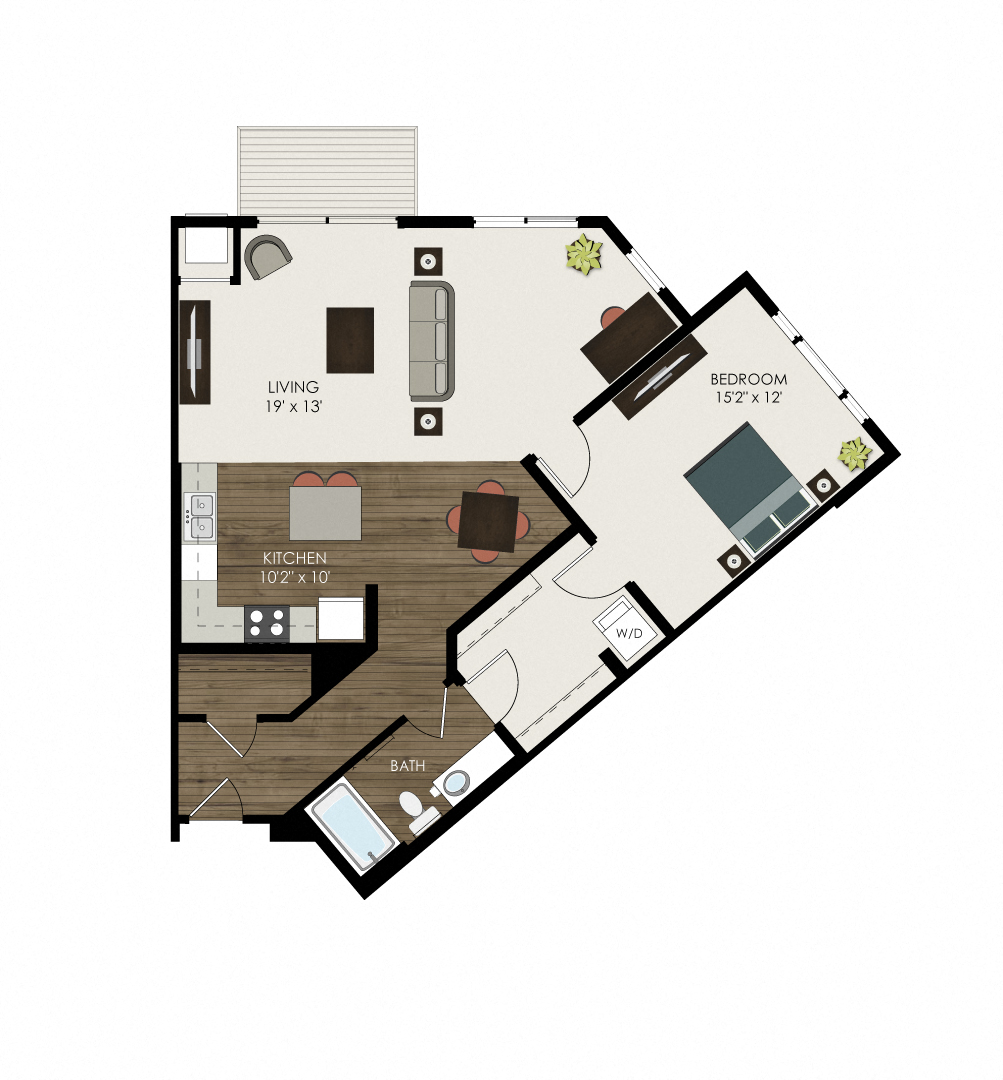 Floor plan for 1 bed, 1 bath, 890 sqft